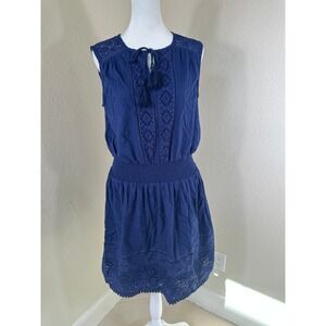 Cabana Life Sleeveless Shift Dress Women M Blue Knee Length Schiffli Eyelet Boho